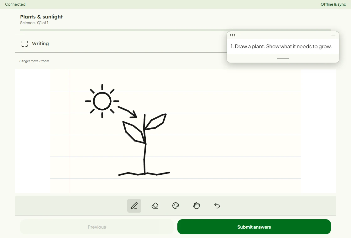 Scholar Leaf manual test with a movable question paper beside a notebook containing a plant and sunlight drawing.